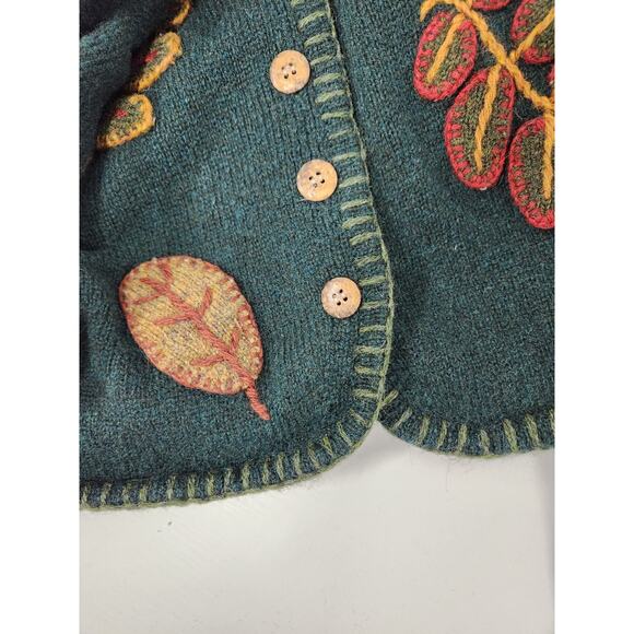 Vtg. L.L.Bean Women's Shetland Wool Embroidered Fall Leaf, Size M, Forest Green - Picture 3 of 13